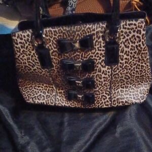 Betsey Johnson Leopard Print Shoulder Bag with Black Bow Accents